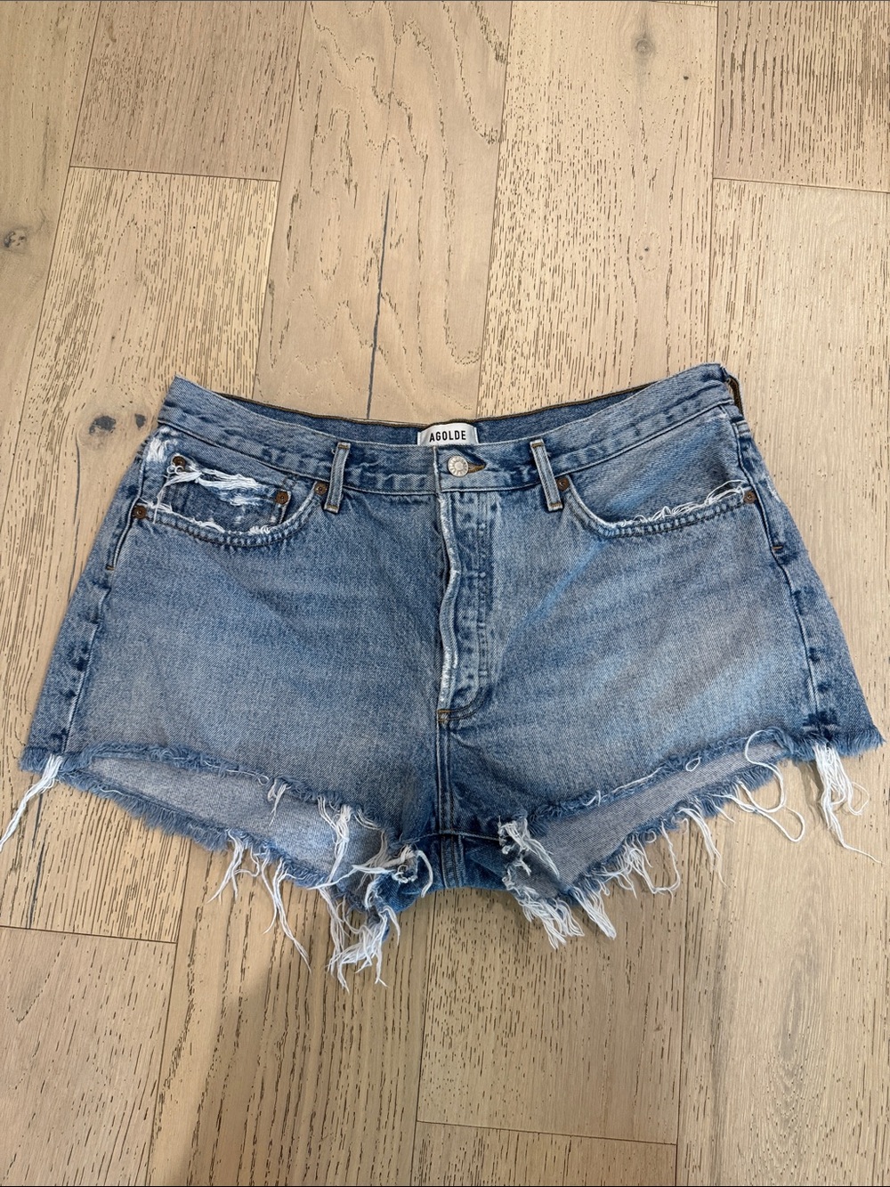 Agolde Distressed PARKER High-Rise Cutoff Denim Shorts - Light Blue